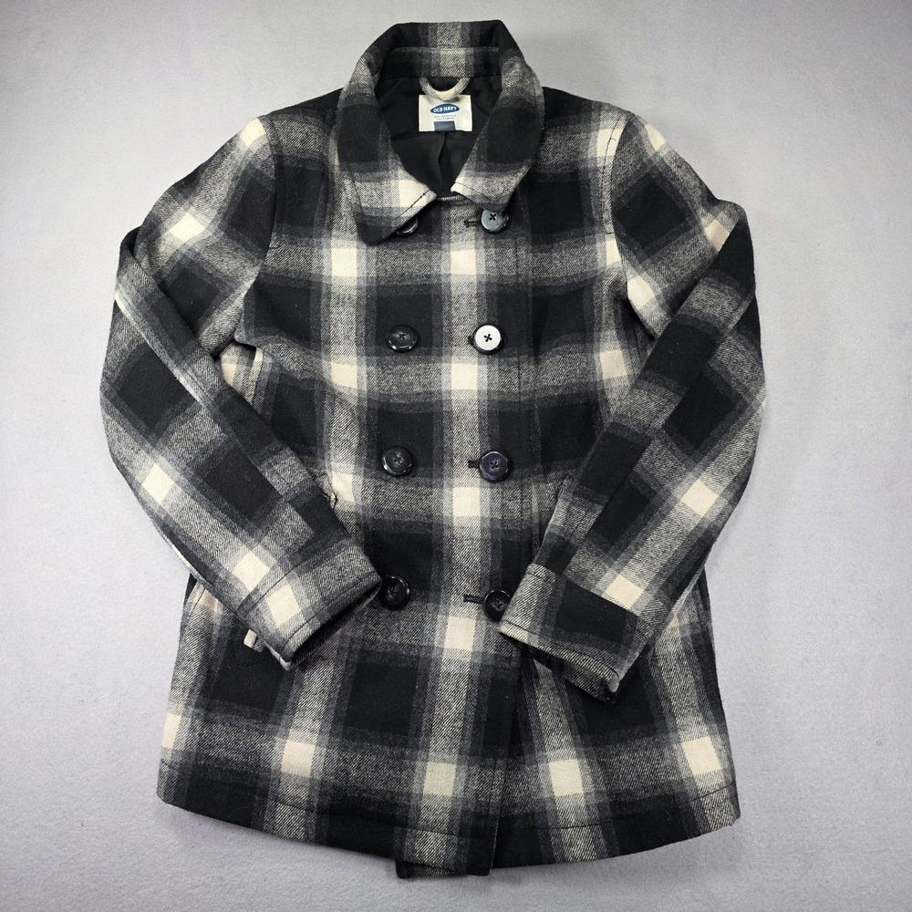 Old Navy Womens Plaid Wool Blend Double Breasted Pea Coat Black Cream Size M